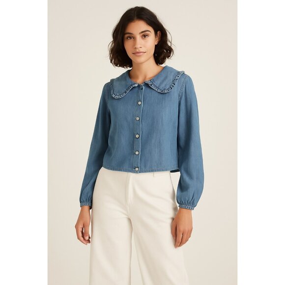 Miss Selfridge Denim Ruffle Collar Button-Up Blouse | Soft Blue Chambray Shirt | - Picture 1 of 8